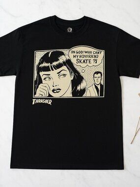 Thrasher Comic Graphic T-Shirt – Retro Skateboarding Pop Art Tee – Black Unisex